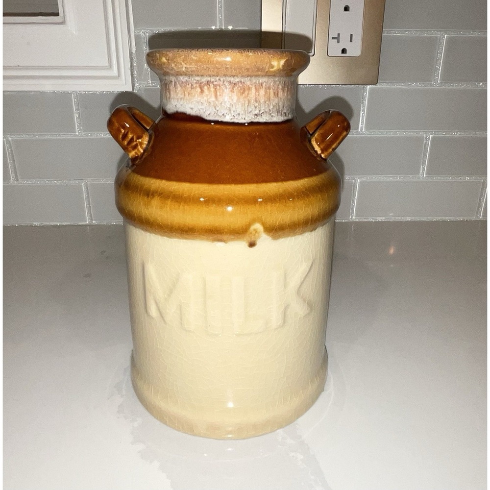 Vintage Ceramic Country Milk Jug Vase With Handles In Tan And Brown